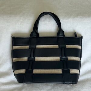 Miztique Black Faux Leather and Cream Canvas Small Tote Bag / Crossbody Bag